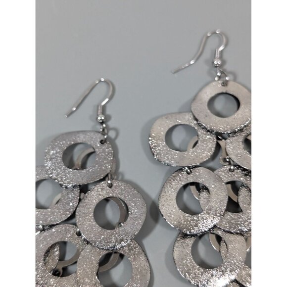 Gunmetal Gray Textured Round Disc Charm Chandelier Long Earrings Pierced MOD - Picture 5 of 8